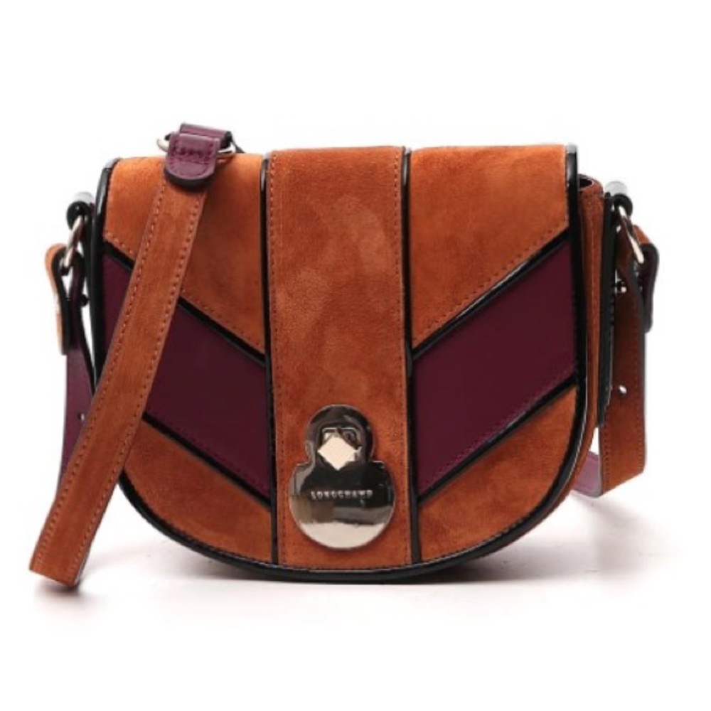 NEW Longchamp front flap paneled crossbody bag leather and suede cognac